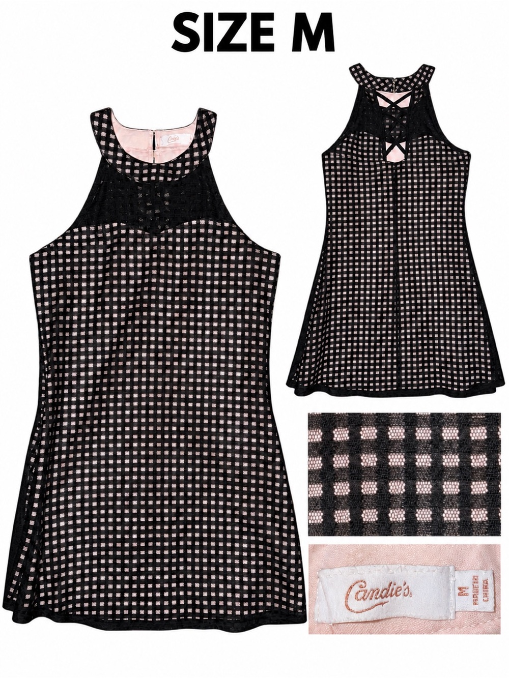 Candie's Black and Soft Pink Gingham Lace-Trim Chemise